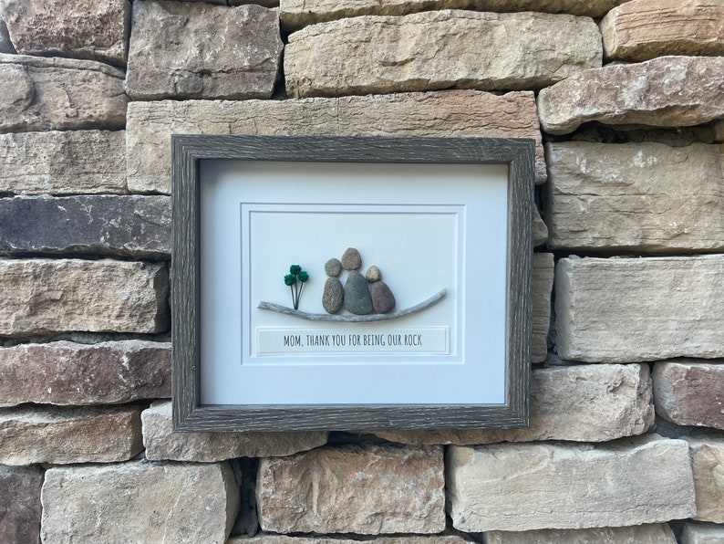 Personalized Gift for Mom, 9x11 or 6x8 Framed Pebble Art Picture, Unique Gift for Mom of Two Kids, Caption Mom, Thanks for Being Our Rock image 4