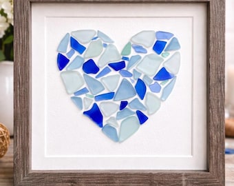 Handgemachte Seeglas Herz Kunst, gerahmte Küsten Wanddekoration, Teal Blautöne