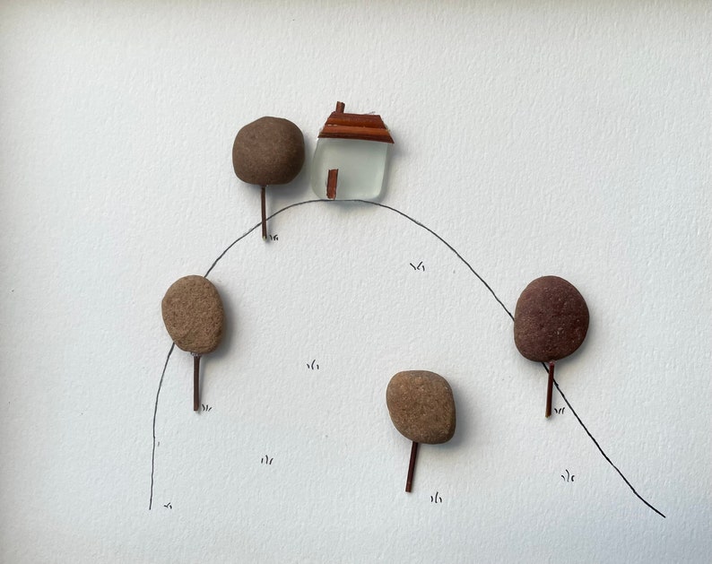 House on a Hillside Pebble Art and Line Drawing image 3