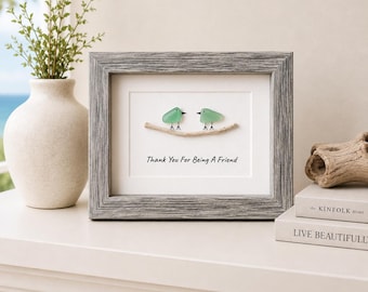 Seaglass Birds on Branch, Handmade Friendship Gift, Framed Sea Glass Art