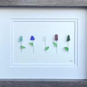 Framed Sea Glass Flowers, 8x10 Handmade Original Artwork, Unique Wall Decor