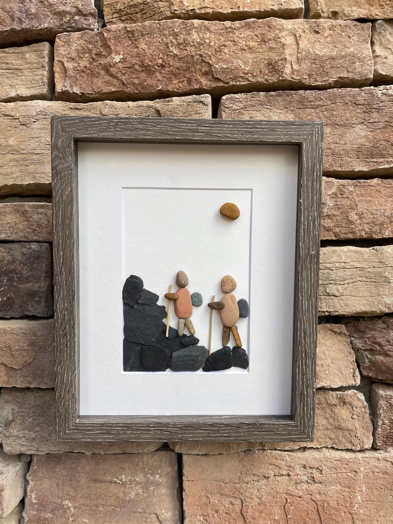 Couple of Hikers 8 x 10 Framed Handmade Pebble Art, Hiking Art, Hiking Gift image 3