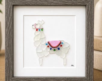 Arte de llamas en vidrio marino / Imagen de alpaca colorida enmarcada (9x9)
