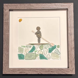 Paddle Boarding Sea Glass & Pebble Artwork, 9x9 Framed Handmade Gift for Paddle Boarder