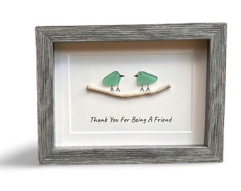 Thank You For Being a Friend Handmade Friendship Gift, 6x8 Framed Sea Glass Art Showing Two Seaglass Birds on Branch, Unique Gift for Friend