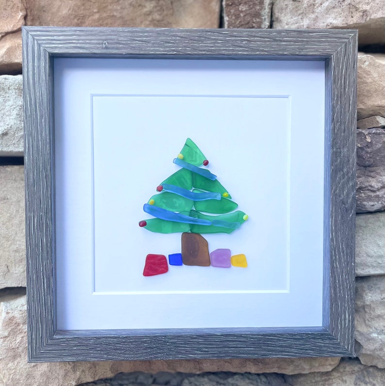 Christmas Tree Scottish Sea Glass Mosaic Art, 9x9 Framed Christmas Wall Decor image 1