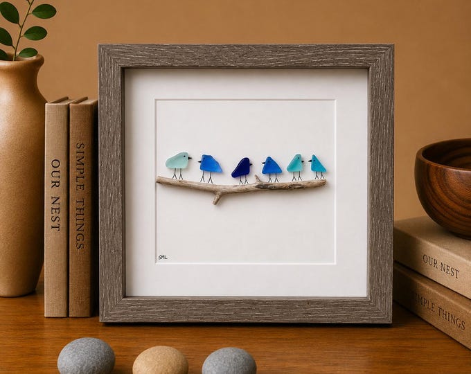 Blue Sea Glass Birds Wall Art, Coastal Wall Decor, Beach House Gift, Gift for Mom, Friendship Gift, Family Gift, Driftwood Art.