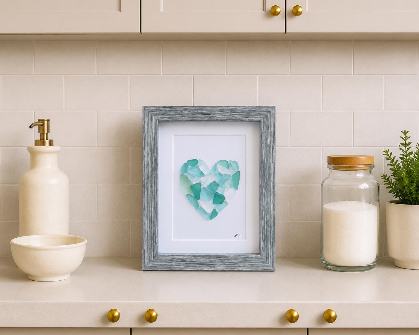 Sea Glass Love Heart Art, 6x8” Framed Original Artwork in Shades