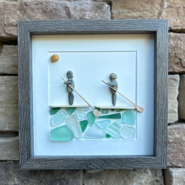 Paddle Boarders Framed 9x9 Sea Glass & Pebble Artwork, Handmade Gift for Couple or Friends