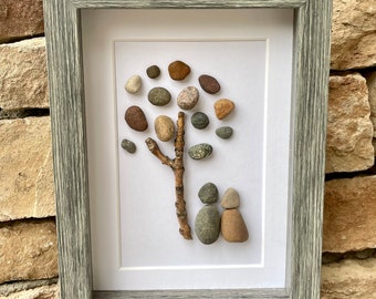 Two People Under Pebble Tree, 5x7 Framed Original Handmade Artwork - Perfect Gift for Couple or Friends