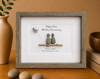 Silver Wedding Anniversary Personalized Pebble Art, 8x10 Framed 25th Anniversary Gift for Parents, Friends, Spouse