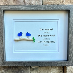 Laughs, Memories and Friendship 8x10 Framed Sea Glass Art Showing Two Birds on a Branch, Minimalist Beach Decor
