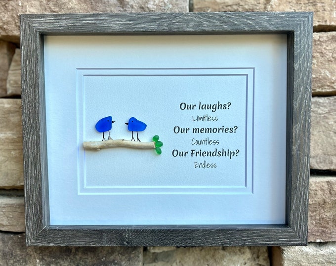 Laughs, Memories and Friendship 8x10 Framed Sea Glass Art Showing Two Birds on a Branch, Minimalist Beach Decor