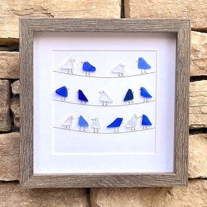 Blue and White Sea Glass Birds Sitting on Power Lines, 9x9 Framed Original Artwork, Perfect Gift