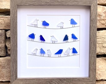 Blue and White Sea Glass Birds Sitting on Power Lines, 9x9 Framed Original Artwork, Perfect Gift