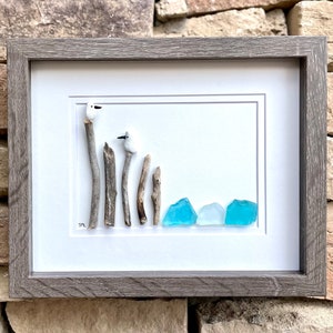 Seagulls at the Shore, 8x10 Framed Pebble & Sea Glass Art, Handmade Original Artwork, Perfect Coastal Decor for Beach House or Lake House