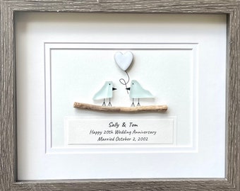 20th Wedding Anniversary Personalized Gift, China Anniversary Art, Anniversary Gift for Wife, Husband, Parents, Friends, Sea Glass Art