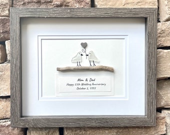25th Wedding Anniversary Personalized Gift, Silver Anniversary Art, Anniversary Gift for Wife, Husband, Parents, Sea Glass Art