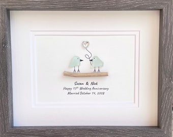15th Wedding Anniversary Personalized Gift, Fifteenth Crystal Anniversary Sea Glass Art, Framed Gift for Wife, Husband, Parents, Friends