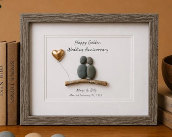 Golden Wedding Anniversary Personalized Pebble Art, 8x10 Framed 50th Anniversary Gift for Parents, Friends, Spouse