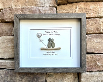 30th “Pearl” Wedding Anniversary Personalized Gift, 8 x 10” Framed Pebble Art, Anniversary Gift - Parents, Wife, Husband, Friends, Sea Glass