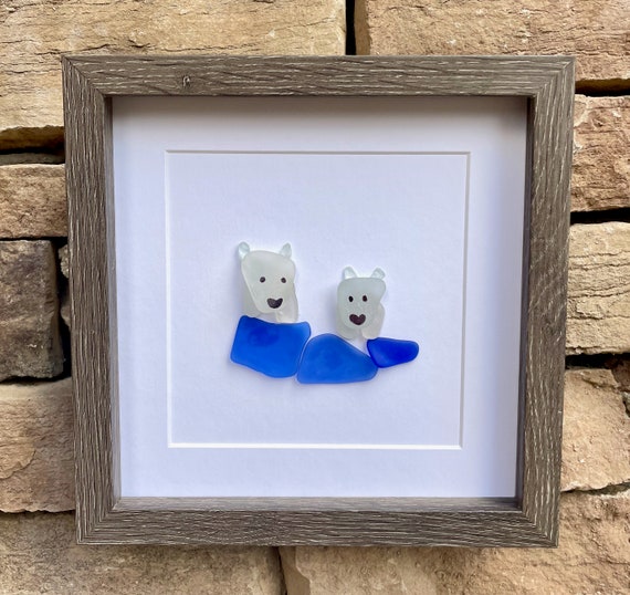 宝物♡Sea glass art Polar Bear Sea Glass Art, 8x8 Framed Original Seaglass