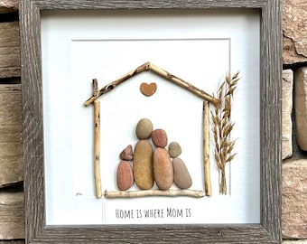 Framed Family Pebble Art Gift, 9x9 Personalized Picture of Parents & Kids with Custom Caption