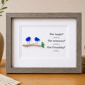 Laughs, Memories and Friendship 8x10 Framed Sea Glass Art Showing Two Birds on a Branch, Minimalist Beach Decor