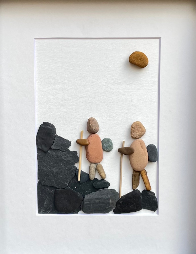 Couple of Hikers 8 x 10 Framed Handmade Pebble Art, Hiking Art, Hiking Gift image 4