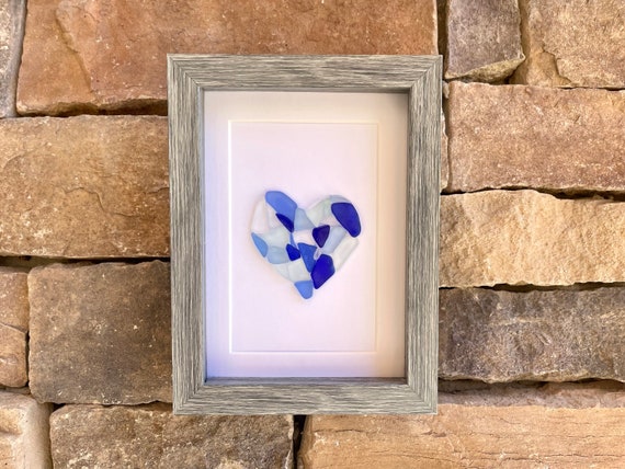 Sea Glass Love Heart in Shades of Blue, Framed 5 X7