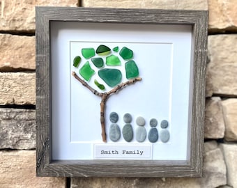 Family of Five Pebble and Sea Glass Art - Personalized Family Name Option - Handmade Original Artwork - Great Personalized Gift