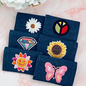Portemonnee met drukknopen aan de voorkant, portemonnee, kaarthouder, denim kaarthouder met opstrijkbare appliqué, geweldig cadeau visitekaartjeshouder