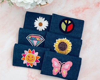 Snap front change purse, coin purse, card holder, denim card holder with iron on applique,  great gift business card holder