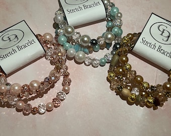 Stretch Bracelet 3 piece set, Mint Green, Rose Pink, Bronze