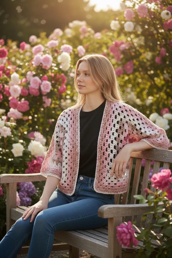 Bolero Cropped Granny Hexagon Cardigan Crochet (for Sizes See