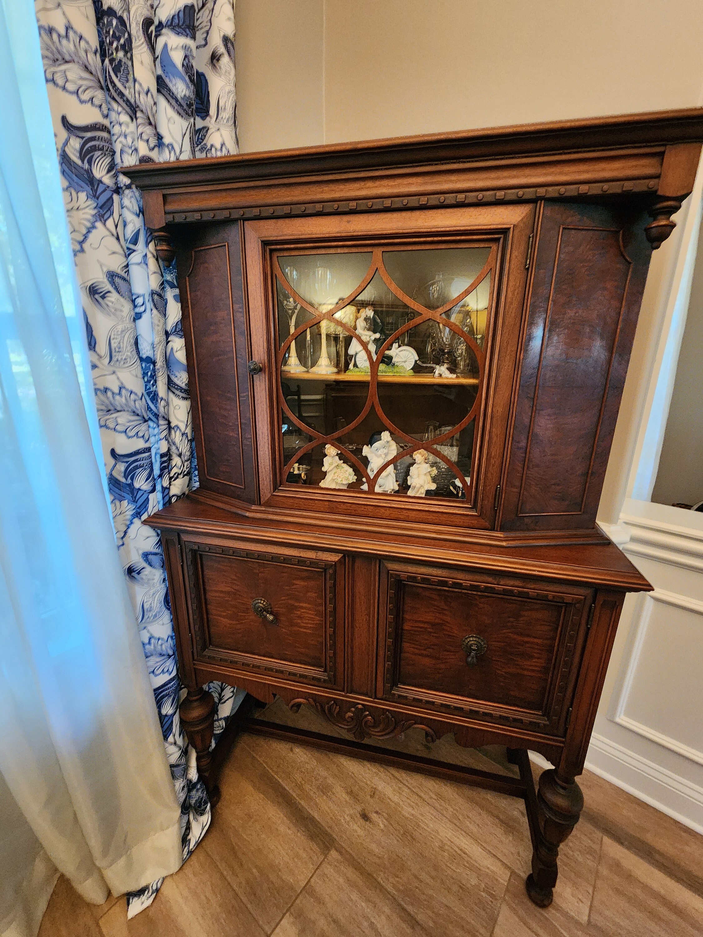 Antique Black Walnut Dining Room Set: Table, 6 Chairs, Hutch, Side ...