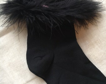 Socks, black, with removable black feather ribbon, sewn on pink satin ribbon, French signed Cancan