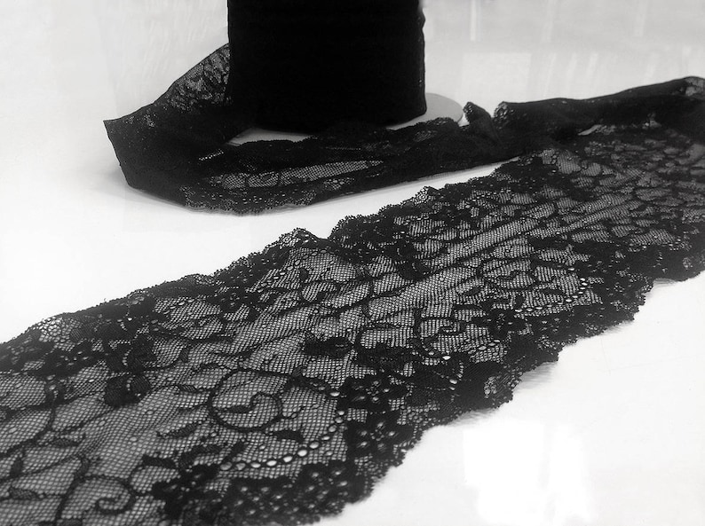 Calais lace, elastic, black, with floral motifs, mixed arabesques, shell finish, special lingerie sold by the meter image 2