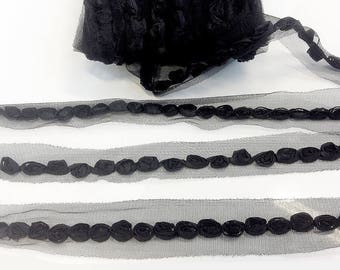 Tüllborte, schwarze Rosen, genäht, synthetischer Stoff, Breite 3,8 cm, für Kleid, Schmuckherstellung, Meterware