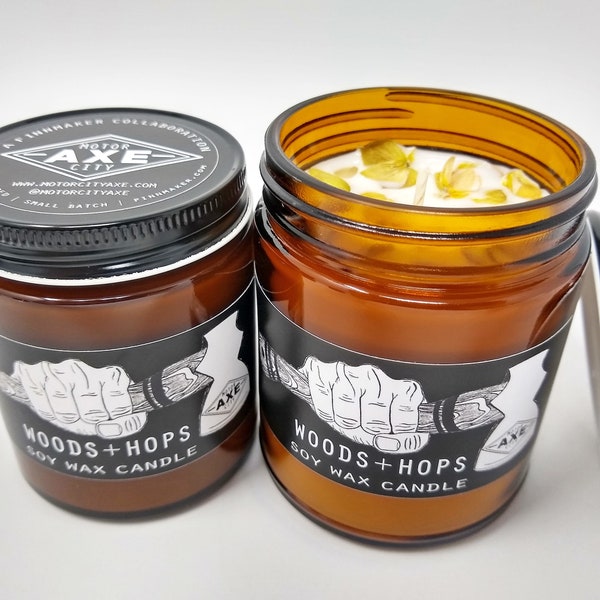 WOODS + HOPS Soy Wax Candle | Motor City Axe Collab Woods Scented Candle With Fresh Hops Detroit Michigan