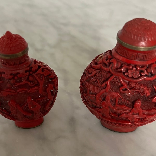 Antique Chinese Cinnabar Snuff Bottles Set of 2