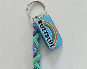 Boondoggle, Keychain, Butt Sl*t, Rainbow, Pride, Funny, Key Ring, Keychain Gift, Plastic String Keychains, Backpack Zipper Pull, Party Favor