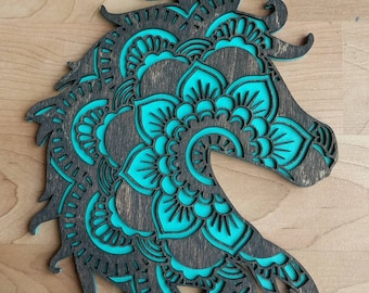 9 x 7.5 Inch Horse Head Mandala Wood Wall Decor Walnut & Mint Ranch Farm Farmhouse Style