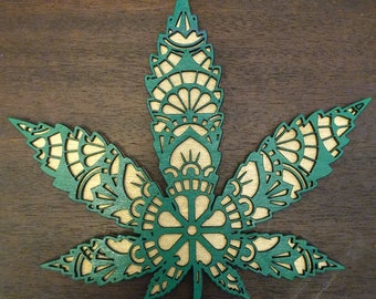 7.5 x 8.25" Pot Leaf Mandala, Cannabis Decor, Cannabis Leaf, Stoner Decor, Stoner Art, Stoner Wall Decor, Wood Pot Leaf, Pot Leaf Painting