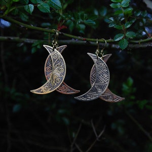 Boucles d'oreilles Lune faucille en laiton gravé, deux motifs au choix image 8