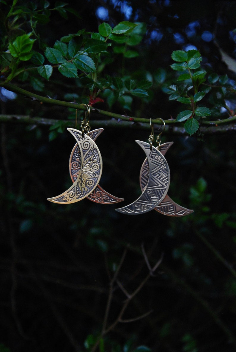 Boucles d'oreilles Lune faucille en laiton gravé, deux motifs au choix image 8