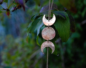 Triple moon necklace in hammered brass.