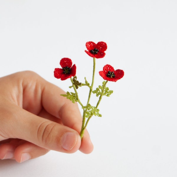 Branch of 3 poppy flowers and green leaves Crochet poppy Tiny crochet Dollhouse accessory