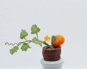 Citrouille en pot Petite citrouille au crochet Citrouille miniature au crochet Feuilles de citrouille Fleur de citrouille Plante artificielle de citrouille