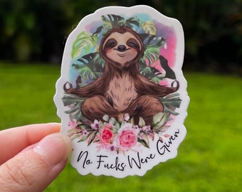 Zen Sloth Vinyl Sticker: No F's Given, Laptop Decal (3.25" Tall)